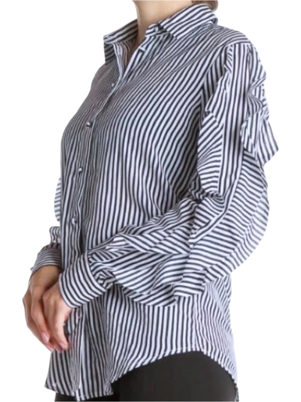 Banana Republic Black and White Striped Button-Up Blouse